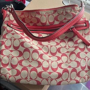 Coach Red and Tan Signature Shoulder Bag